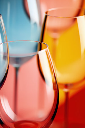 Macro lens studies of wine glasses filled with unusual substances captured in a palette of coral pink mariner blue and buttercup yellowの素材