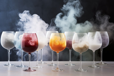 Phantasmagorical display of wine glasses staged amidst dense smoke or mist captured in a palette of ethereal silver cloud white and smoke greyの素材