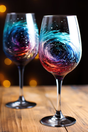 Wine glasses filled with swirling galaxies created from food coloring captured in a palette of cosmic black nebula blue and starlight whiteの素材