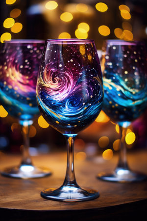 Wine glasses filled with swirling galaxies created from food coloring captured in a palette of cosmic black nebula blue and starlight whiteの素材