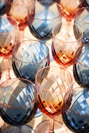 Wine glasses forming unexpected patterns with colored shadows captured in a palette of faded denim blue antique rose pink and amber orangeの素材