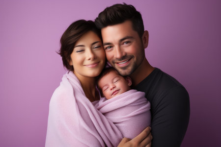 Newborn baby cradled in parents arms isolated on a gradient lavender backgroundの素材