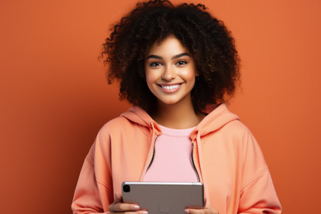 Gen Z individual with digital tablet isolated on a vibrant coral gradient backgroundの素材