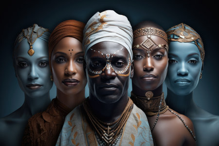 Montage of unique faces in traditional attire isolated on a gradient background of cool blues deep mocha pearl white and slate greyの素材