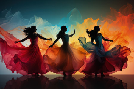 Ethnic dancers in motion isolated on a gradient background of flamenco red hula blue salsa orange and ballet pinkの素材