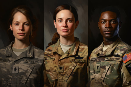 Diverse military portraits emphasized by bold patriotic hues capturing bravery and resilienceの素材