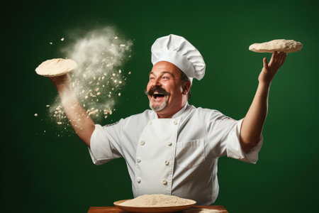 Portrait of a happy male chef throwing flour into the air on green backgroundの素材