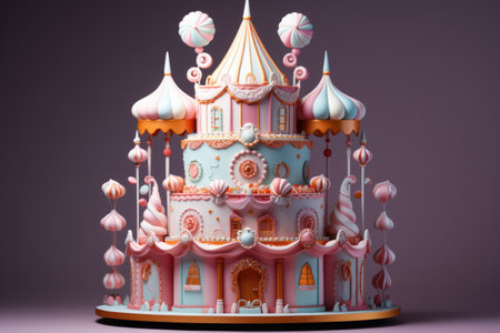 Circus-themed cake designs in pastel tones isolated on a gradient backgroundの素材