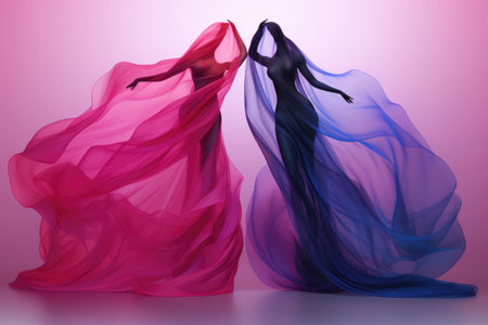 Aerial silk performers in fuschia and indigo isolated on a gradient backgroundの素材