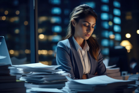 Unearthly glow of late-night work female leader balancing tasks background with empty space for textの素材