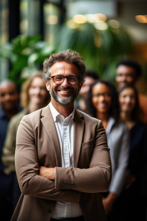 Mentor guiding diverse team comfortable office setting background with empty space for textの素材