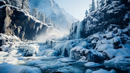 Frozen waterfall exploration during winter hike background with empty space for textの素材