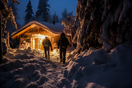 Hikers finding shelter in snow-covered hut during a midnight hike expeditionの素材