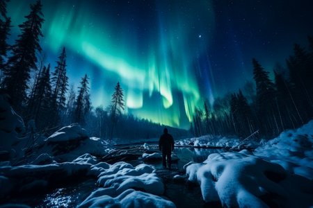 Solitary observer captivated by mystic Aurora Borealis in snowy wilderness solitudeの素材