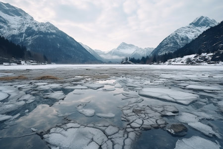 Thawing frozen lake in mountainous terrain background with empty space for textの素材