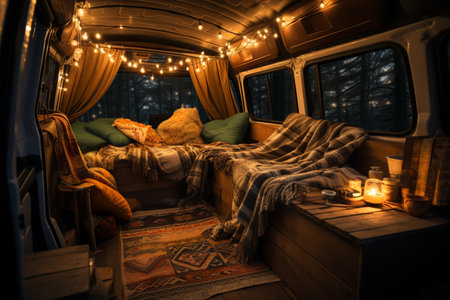 Cozy van interior illuminated with warm lights background with empty space for textの素材