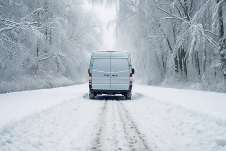 Snow-laden road trailing behind the van background with empty space for textの素材