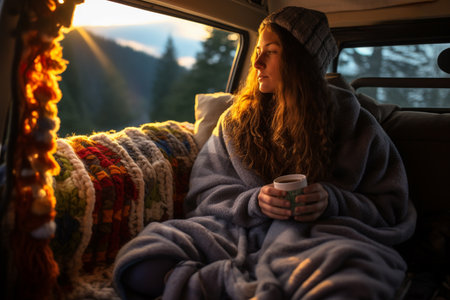 Winter van dwellers savoring hot drinks embodying cozy mornings on wheelsの素材