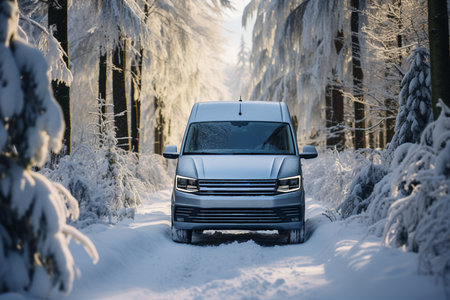 Snow-dusted van trails unveiling the captivating journey through winter roadsの素材