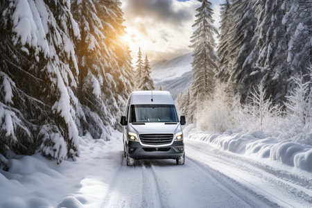 Snow-dusted van trails unveiling the captivating journey through winter roadsの素材
