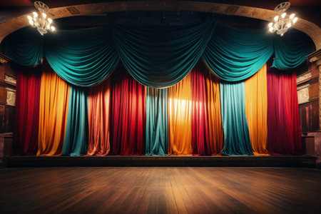 Unoccupied circus stage draped silks awaiting performance background with empty space for textの素材