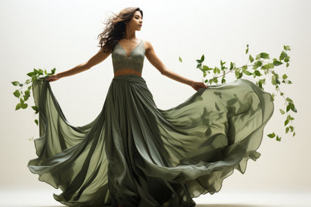 Aerial silk performer interacting with fluttering leaves isolated on a white backgroundの素材