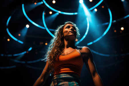 Athletic hoop performer suspended in mid-air imbued with kinetic energyの素材