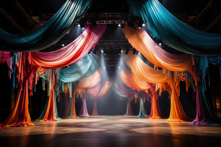 Breathtaking aerial silk display encircled by a carnival of colorful circus propsの素材