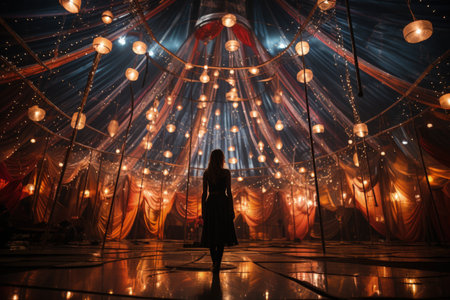 Elevated spectacle of spinning hoop artist under bejeweled circus tent canopyの素材