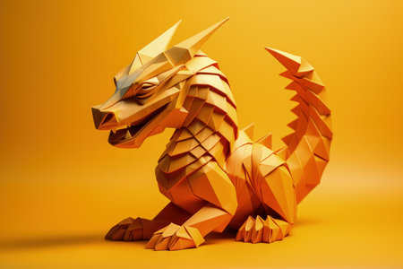 A beautifully crafted Dragon origami for New Year isolated on a yellow gradient backgroundの素材