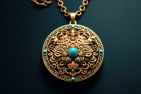 Dazzling dragon pendant necklace for Year of the Dragon isolated on a turquoise gradient backgroundの素材