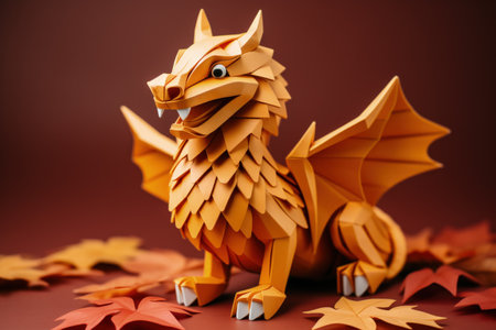 A beautifully crafted Dragon origami for New Year isolated on a yellow gradient backgroundの素材