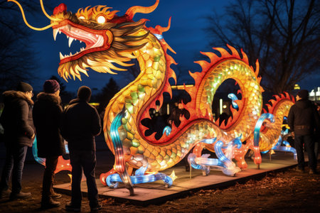 Vibrant dragon lanterns illuminating Lunar New Year festivitiesの素材
