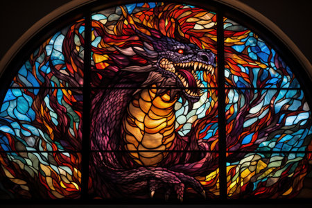 Stained glass art depicting resplendent dragons for New Year church decorationsの素材