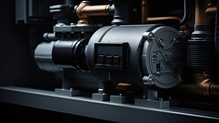 A detailed shot of a central heating pump in rich metallic greys and stark blacks background with empty space for textの素材