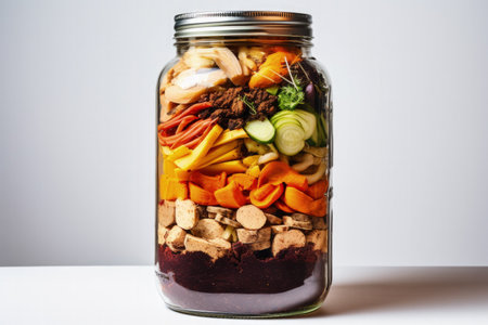 Food waste converted into compost in a clear jar isolated on a white backgroundの素材