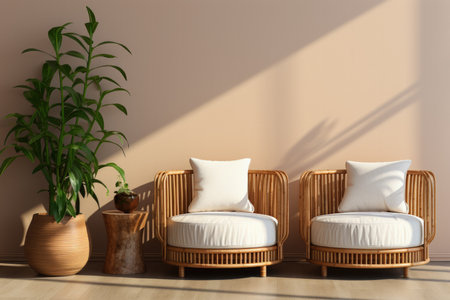 Bamboo furniture set in a minimalist room isolated on a gradient backgroundの素材