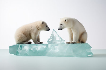 Miniature iceberg and polar bear figurines isolated on a white backgroundの素材