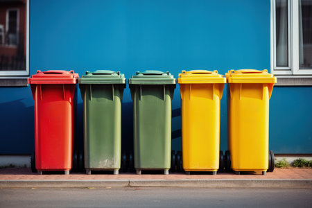 City recycling bins lineup background with empty space for textの素材