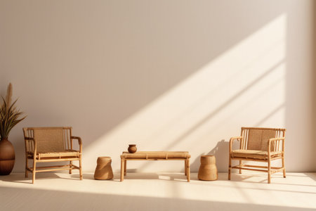 Bamboo furniture set in a minimalist room isolated on a gradient backgroundの素材
