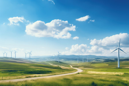 Solar and wind farm panorama background with empty space for textの素材