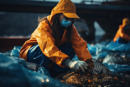 Ocean cleanup crew removing plastic pollution background with empty space for textの素材