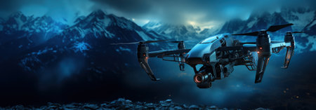 drone flying in the night sky 3d illustration. 3d renderingの素材