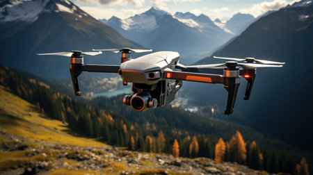 Drone hovering over alpine search area background with empty space for textの素材