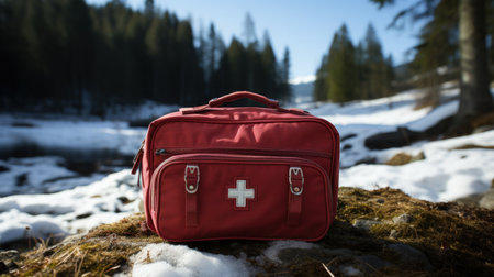 First aid kit on the snow in the mountains. Selective focus.の素材