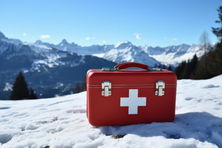 First aid kit in frosty alpine setting background with empty space for textの素材