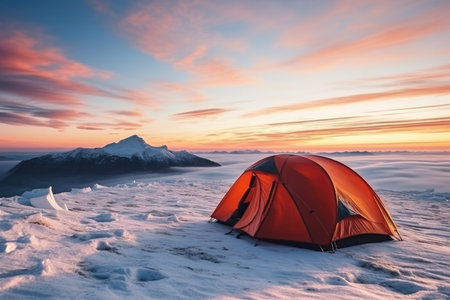 Tourist tent on the top of a mountain at sunset. Beautiful winter landscapeの素材