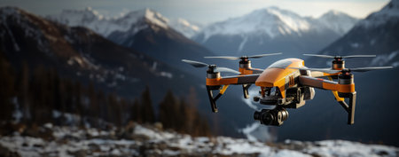 Digital composite of Flying drone in front of mountains. 3d renderingの素材