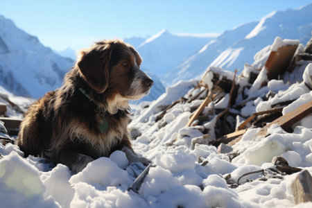 Dog in the snow on the background of mountains and blue sky.の素材