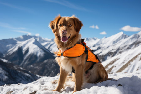 Golden Retriever in orange life jacket sitting on snow in mountainsの素材